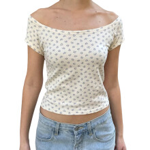 (M, Blue) Blusas cropped femininas de verão, manga curta, ombro a ombro, sem alças, estampa floral, estilo baby tees.
