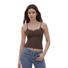 (L, Coffee) Bluze de vară pentru femei, fără mâneci, cu dantelă, culoare solidă, croială slim fit