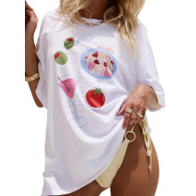 (S, White) Women T-shirt, Crew Neck Short Sleeve Food Print Loose Summer Tops for Casual Daily