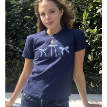 (M, Navy Blue) Women's Summer Bow Print Slim Tops Short Sleeve Round Neck Short Trendy Baby Tees