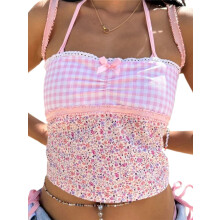 (L, Pink) Topuri fără mâneci pentru femei, cu bretele spaghete și legături la spate, model patchwork, maiouri camisole