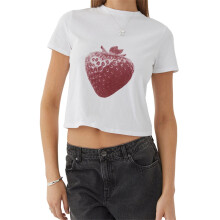 (M, White) Women's Trendy Crop Tops Short Sleeve Round Neck Heart/Strawberry Print Baby Tees