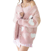 (XL, Pink) Women's Valentine's Day Sweater Cardigan Long Sleeve V Neck Button Up Pearl Heart Print Knitwear