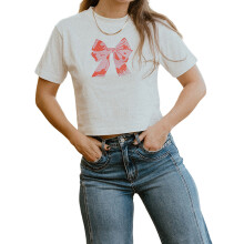 (M, White) Women's Short Sleeve T-Shirts Bow Pattern Crew Neck Summer Cute Casual Crop Tops