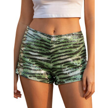 (M, Green) Short d'été pour femme, imprimé zèbre, taille basse, sequins, style streetwear, idéal pour les fêtes
