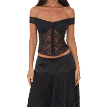 (M, Black) Women's Off Shoulder Lace Corset Short Sleeve Solid Color Slim Fit Bustier Tops Vintage Shirts