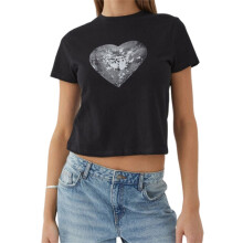 (S, Black) Women's Trendy Crop Tops Short Sleeve Round Neck Heart/Strawberry Print Baby Tees