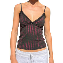 (M, Black) Women's Heart Print Cami Tops Sleeveless Open Back V Neck Slim Fit Cropped Tank Tops