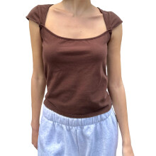 (XL, Dark Brown) Women's Slim Fit Tops Casual Short Sleeve Square Neck Solid Color T-Shirts Blouses