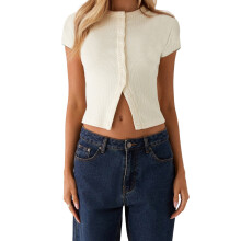 (M, Beige) Women's Casual Button Up Tops Short Sleeve Round Neck Trendy Solid Color T-shirt