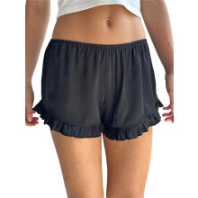 (M, Black) Short d'été femme, coupe ample décontractée, uni à volants, taille basse élastique, idéal intérieur et extérieur.
