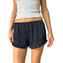 (M, Dark Blue) Short d'été femme, coupe ample décontractée, uni à volants, taille basse élastique, idéal intérieur et extérieur.