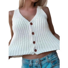 (M, White) Gilet sans manches d'automne pour femme, col en V profond, couleur unie, boutonné, en maille