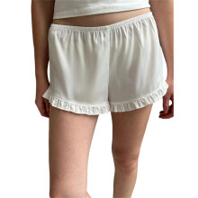 (L, White) Short d'été femme, coupe ample décontractée, uni à volants, taille basse élastique, idéal intérieur et extérieur.