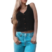 (S, Black) Women's Autumn Sweater Vest Sleeveless Deep V Neck Solid Color Button Up Knitwear