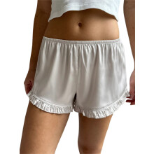 (L, Ivory) Short d'été femme, coupe ample décontractée, uni à volants, taille basse élastique, idéal intérieur et extérieur.