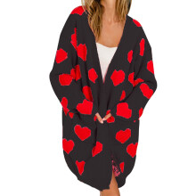 (S, Black) Women's Loose Knit Sweater Long Sleeve Drop Shoulder Open Front Heart Print Cardigan Fall Coat