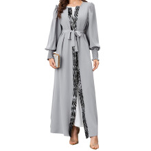 (S, Gray) Robe caftan pour femme, imprimé tendance, cardigan long à manches lanternes, robe arabe ample avec ceinture