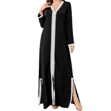 (S, Black) Robe caftan pour femme, style arabe, imprimé tendance, couleurs contrastées, manches longues, col en V, coupe ample.