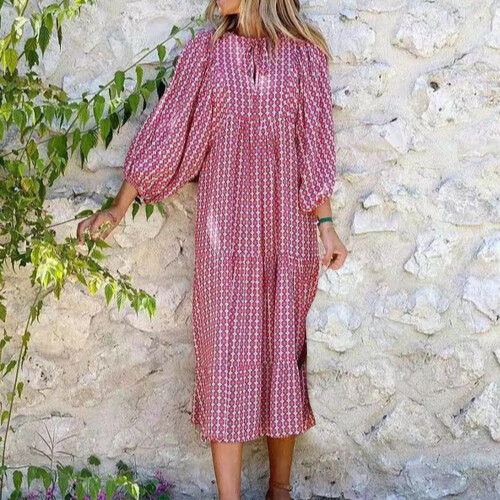 VERUGU Γυναικείο Φόρεμα Boho με Φούξια και Μανίκια, Καθημερινό, Φόρεμα Παραλίας, Ροζ XXL 1