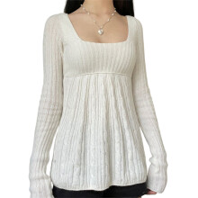 (L, White) Women's Cable Knit Tops Long Sleeve Square Neck Solid Color Loose Fit T-Shirts Sweaters