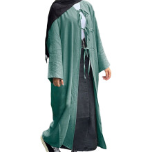 (M, Green) Robe caftan pour femme, couleur unie, manches longues, col en V noué sur le devant, cardigan ample de style arabe