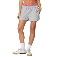 (L, Gray) Short d'été pour femme, coupe ample, à empiècements contrastés et bordure à carreaux, taille élastique.