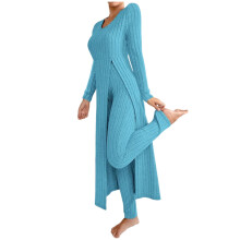 Damespyjamaset, casual effen blouse met ronde hals en lange mouwen en korte broek, comfortabele nachtkleding voor vrouwen.