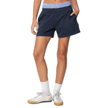 (L, Dark Blue) Short d'été pour femme, coupe ample, à empiècements contrastés et bordure à carreaux, taille élastique.