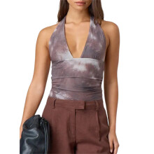 (S, Brown) Débardeur moulant femme, tie-dye, décolleté plongeant, sans manches, crop top été streetwear