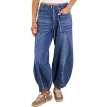 (S, Blue) Jeans da donna, pantaloni larghi a tinta unita con elastico in vita e coulisse, stile streetwear con tasche per tutti i giorni.