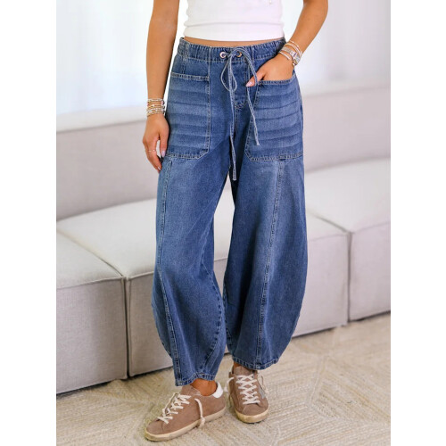 (M, Blue) Γυναικείο Παντελόνι Τζιν Μονόχρωμο Streetwear 2