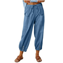 VERUGU Broek, modieus, dames, zomer, casual, los model, katoen en linnen, met zakken, effen kleur, blauw S