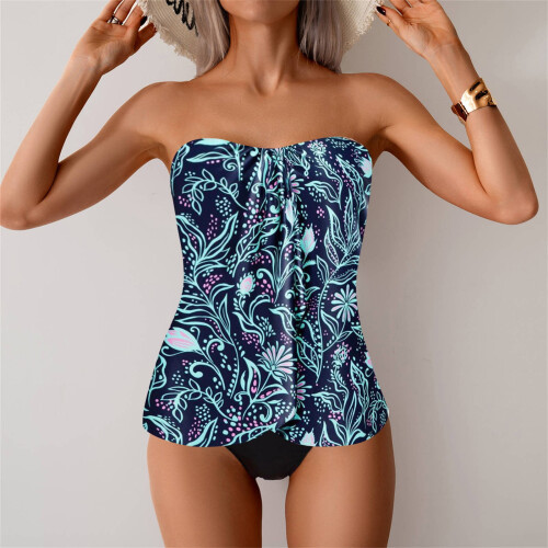 Μαγιό Tankini για γυναίκες, στράπλες, μαγιό με ενίσχυση και push-up, μοντέρνο φλοράλ 1