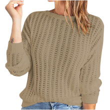 Herbstmode Damen Lässiger, lockerer, einfarbiger Langarm-Pullover mit Lochmuster, Rundhalsausschnitt, Tunika-Mantel, reduziert
