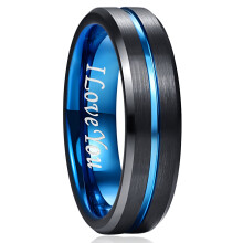6 mm zwarte wolfraam ring voor heren, blauwe groef, trouwring met gravure "I Love You", maat 6-17