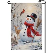 2-delige set van 30 x 45 cm dubbelzijdige tuinvlaggen met winterse sneeuwpop – Seizoensgebonden ontwerp met hert/kardinaal, landelijke