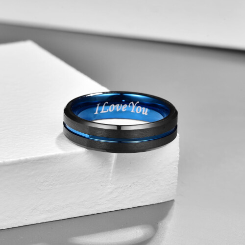 Δαχτυλίδι βολφραμίου μαύρο 6 χιλιοστών για unisex ανδρικές βέρες με μπλε αυλάκι, 2