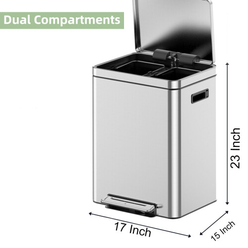 Cubo de basura rectangular de acero inoxidable de 30 litros con pedal y doble compartimento. 2
