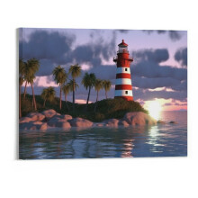 Leuchtturm-Wandbild auf Leinwand, Küstenlandschaft mit violettem Himmel, Insel-Felsen-Design, 20x16 Zoll – Geeignet für Wohnzimmer, Badezimmer,