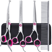 Dog Grooming Scissors Kit Professional 4CR with Safety Round Tip,5 in 1 Heavy Duty Titanium Coated Thinning & Curved & Straight Shears