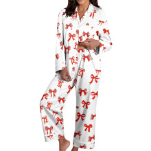 Gemütlicher Damen-Pyjama zum Valentinstag – Weiches 2-teiliges Set mit Schleifenmuster, Langarmshirt und Hose mit Knopfleiste, Loungewear und