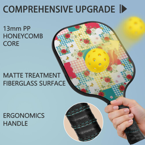 Σετ κουπιών Pickleball με κουπιά από fiberglass σε σχέδια λουλουδιών, 2 μπάλες και τσάντα – 1