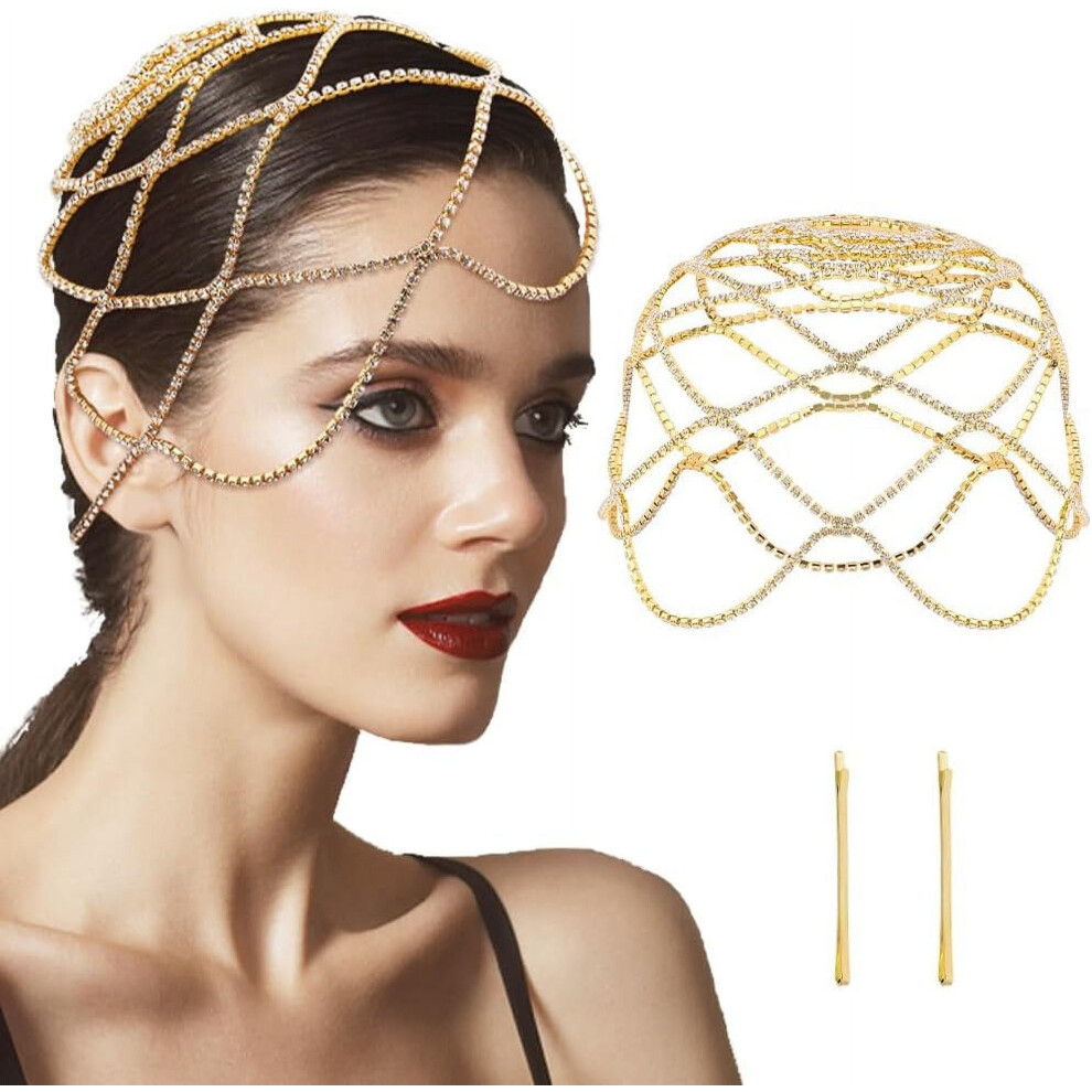 Vintage 1920s rhinestone mesh headpiece golden flapper