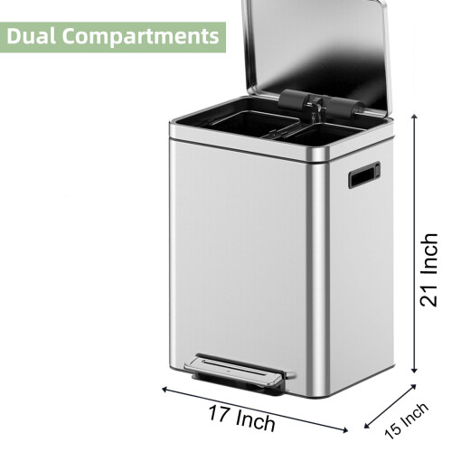 Cubo de basura rectangular de acero inoxidable de 30 litros con pedal y doble compartimento. 1