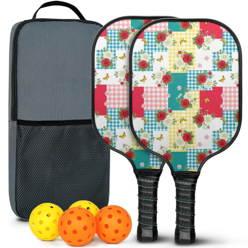 Σετ κουπιών Pickleball με κουπιά από fiberglass σε σχέδια λουλουδιών, 2 μπάλες και τσάντα –