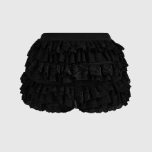 Shorts Lolita femininos com babados em camadas e detalhes em renda, cintura elástica e laço frontal, estilo abóbora.