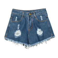 Shorts jeans femininos elásticos com bolso, azul escuro.