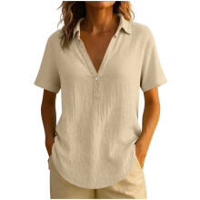 Camicetta casual da donna in lino, tinta unita, scollo a V, maniche corte, revers, abbottonatura frontale – Comoda ed elegante per il lavoro o per