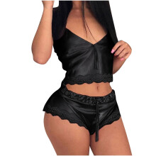 Conjunto de lencería femenina para el Día de San Valentín, sexy, con encaje, pijama, top sin mangas y pantalón corto, color negro.